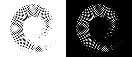 Modern abstract background. Halftone dots in circle form. Spiral logo, design element or icon. Vector dotted frame. A black figure on a white background and an equally white figure on the black side.