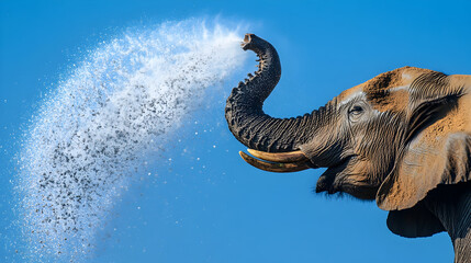 Obraz premium Powerful Elephant Trunk Spraying Water Against Blue Sky