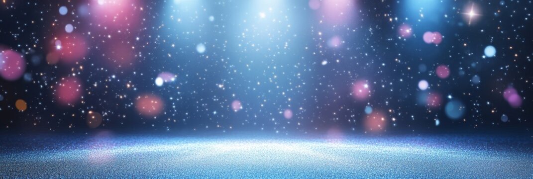 This image features a stage with spotlights creating a dramatic effect with white or silver glitter lights and bokeh. It evokes a sense of celebration, magic, and excitement.