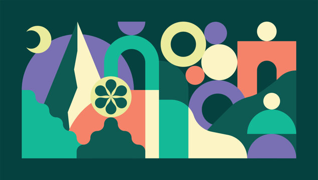 Colorful, abstract and geometric landscape, with primitive shapes and mountain