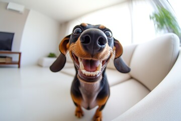 Close-up of a happy dachshund dog with a big smile on a sofa indoors. Concept of joy and pet happiness