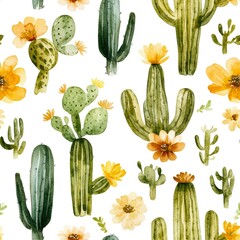 Watercolor illustration depicting various cacti and succulents in shades of green, accented with yellow and orange flowers, suitable for print patterns, wall art, textiles, and home decor projects,