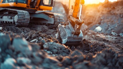 An Excavator Skillfully Working at Sunset in a Construction Site That is Undergoing Progress