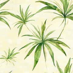 Obraz premium A watercolor image of green palm leaves on a light beige background, ideal for use in tropical-themed designs, invitations, or nature-inspired projects,
