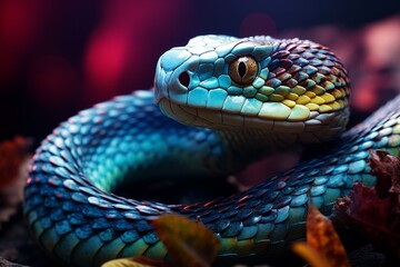 Fototapeta premium A vibrant blue and green snake coiled among autumn leaves in a natural habitat setting, showcasing intricate scales and expressive eyes