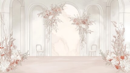 This image showcases a stunning wedding venue with a minimalist yet elegant aesthetic. The backdrop features two grand arches adorned with cascading floral arrangements, symbolizing love, beauty, and 