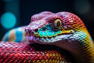 Fototapeta premium A colorful snake with iridescent scales resting on a branch in a vibrant habitat during a warm afternoon
