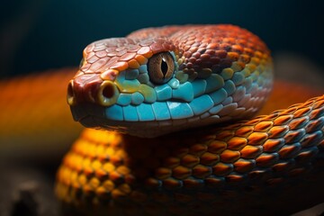 Fototapeta premium A close-up view of a colorful snake coiled gracefully on a surface, showcasing its vibrant scales in an artistic display of nature