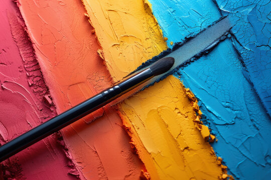 Black makeup brush lays across a palette of eyeshadow; the colors are pink, orange, yellow, and blue