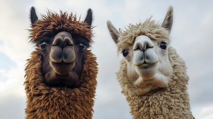 Fototapeta premium Two alpacas, one brown and one white, looking up at the camera with curious expressions. They are both standing in a field and appear to be friendly and playful. Their soft, fluffy fur and cute face