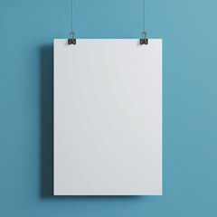 Mock up, White poster hanging on a small clip, clean green wall background