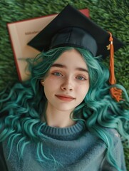 Young woman with green hair in a graduation cap lying on grass with a diploma