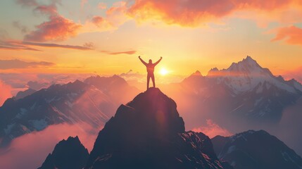 Triumphant Success at Mountain Summit During Sunrise