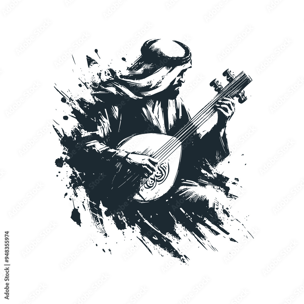 Canvas Prints The bedouin playing arabic oud gambus guitar. Black white vector illustration.
