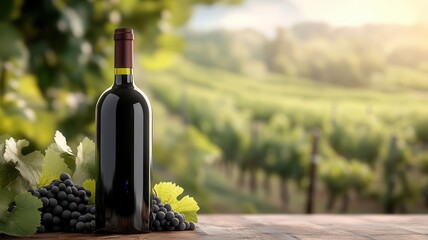 Fototapeta premium Organic wine bottle, with vineyard background, 3D illustration