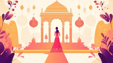 Obraz premium A illustration of an Indian bride standing in front of a temple. She is wearing a traditional red and gold saree, with her hair pulled back. The temple is decorated with intricate details and is s