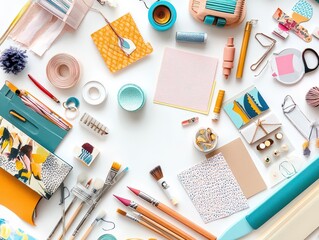 Fototapeta premium Creative Workspace Mockup with Art and Craft Supplies Background