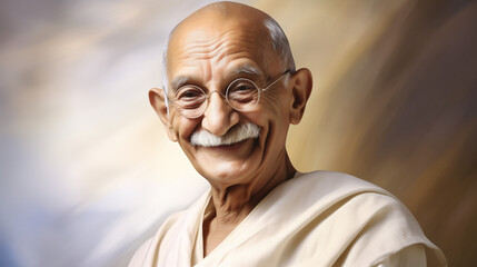 happy elderly man, mahatma gandhi on light background
