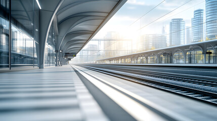 Fototapeta premium Steel railway station with arched beams and glass panel