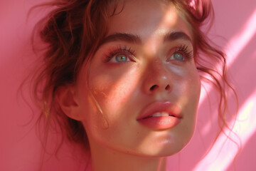 Model showcases beauty makeup highlighting her features, illuminated by soft, natural light and gentle shadows against a vibrant pink backdrop