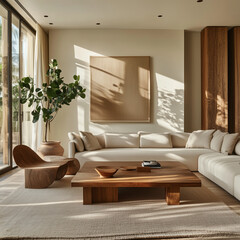Fototapeta premium Modern Minimalist Living Room with Mid-Century Furniture, Natural Light, and Neutral Tones