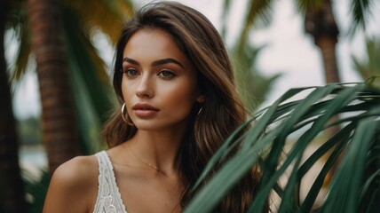 Fototapeta premium A woman with long brown hair stands on a beach, wearing a white shirt