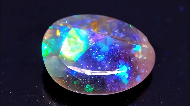 A 360-degree rotating shot of a vibrant opal gemstone with iridescent colors shimmering against a black background. Generated with AI