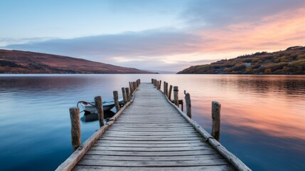 A serene wooden pier extends into calm waters at dusk, surrounded by rolling hills and colorful skies in the evening light