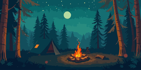 vector illustration of camping tent and bonfire in the woods at night. Camp fire vector illustration. © Sakib