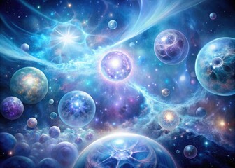 Celestial Biogenesis: Nebula-like formations, shimmering cells, cosmic energy, in ethereal whites, blues, and purples.