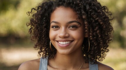 A woman with curly hair is smiling and looking at the camera
