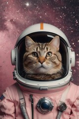 A cat wearing a pink space suit is staring at the camera