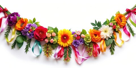 A festive garland made of colorful flowers, leaves, and ribbons