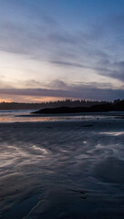 Fototapeta premium Sunset Over Tofino Beach with Silhouetted Trees and Calm Waves