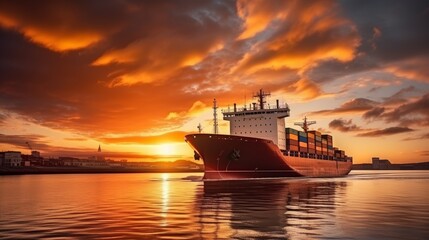Container ship navigating through calm waters during a vibrant sunset in a busy port, highlighting maritime activity and cargo transport