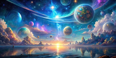 Celestial Dreamscape: Ethereal, ethereal glow, iridescent colors, cosmic entities, surreal visions