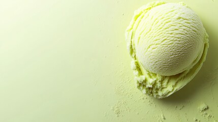 Obraz premium A single scoop of pistachio ice cream on a light green background.
