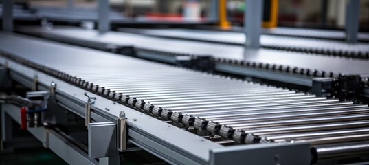 Close-up of a conveyor belt system in a manufacturing facility during daytime showcasing its rolling mechanisms and efficient design
