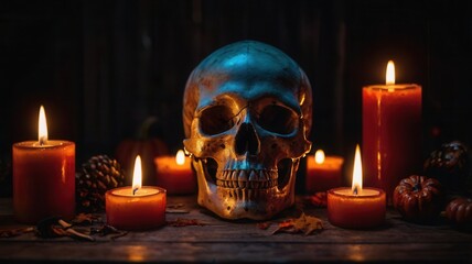 A skull is sitting on a table next to some candles