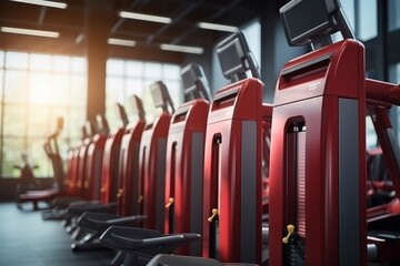 A bright, modern gym interior featuring rows of red exercise machines with large windows and natural light in the early morning