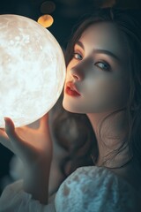 Naklejka premium A woman in a dark setting holds an illuminated moon, creating a whimsical and dreamy atmosphere filled with wonder.