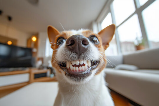 Smiling Jack Russell Terrier close-up in a modern living room. Concept of playful pet joy and indoor comfort - Powered by Adobe