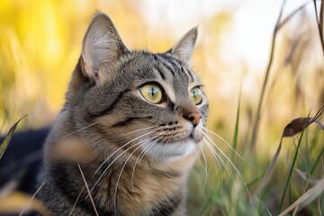 Close-up of a tabby cat with striking yellow eyes looking attentively while sitting among tall, green grass.