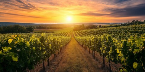 Fototapeta premium A beautiful vineyard at sunset, with lush rows of grapevines leading to the horizon.