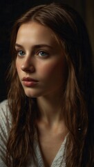 Fototapeta premium A woman with long brown hair and blue eyes is looking at the camera