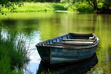 Obraz premium An old wooden boat rests on calm lake waters, surrounded by greenery, reminiscent of tranquil rural fishing scenes.