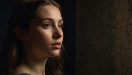 A woman with long brown hair and blue eyes is looking out of a window