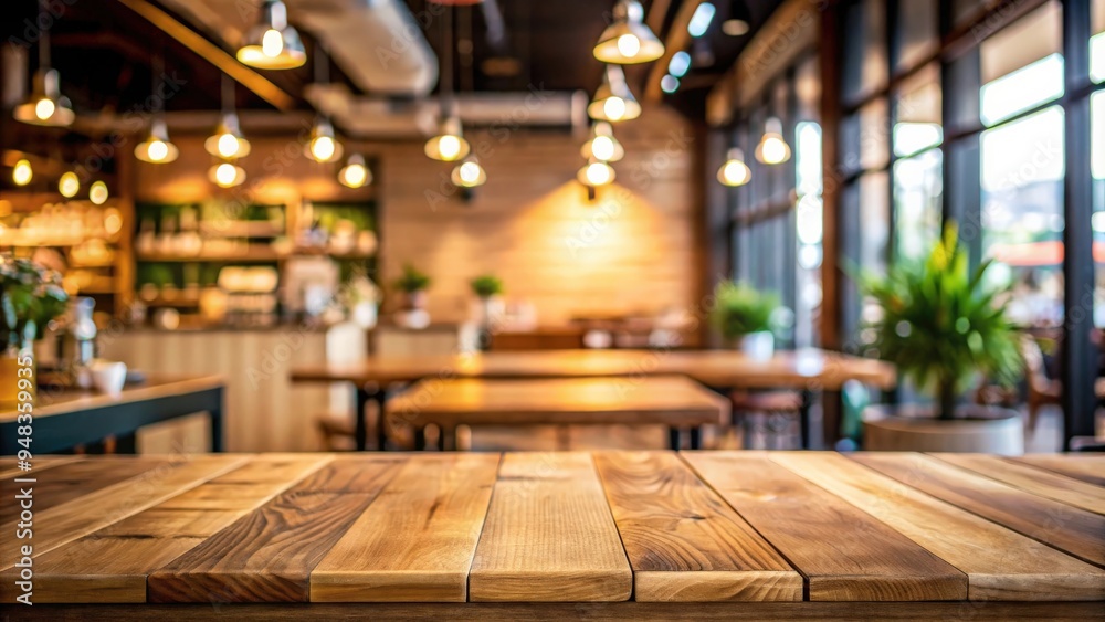 Poster empty wooden table in a blurred cafe background, perfect for product display