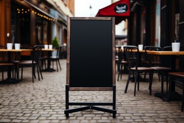 A blank sidewalk sign stands in a cobblestone outdoor dining area surrounded by empty tables and chairs in the afternoon light