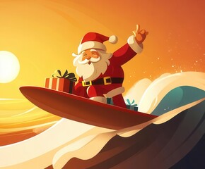 Santa Claus surfing with Christmas gifts on a giant wave during sunset, bringing holiday cheer in a fun and adventurous way.